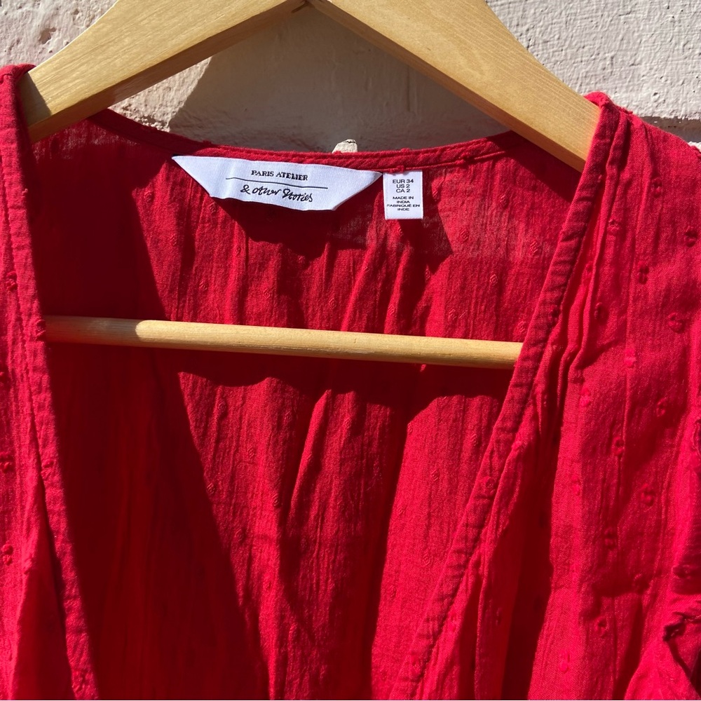 & Other Stories | Red Swiss Dot Crepe Wrap Dress | Size 2 - Picture 5 of 15